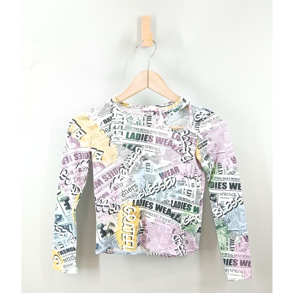 2 Tween Newspaper Print Top Kids 7/8 Multicolor Shoulder Cutout Y2K